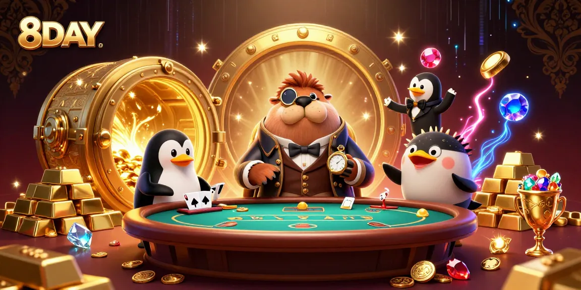 Playing poker at 8DAY casino, a walrus, penguin dealer, and pufferfish create a lively scene filled with gems and riches.