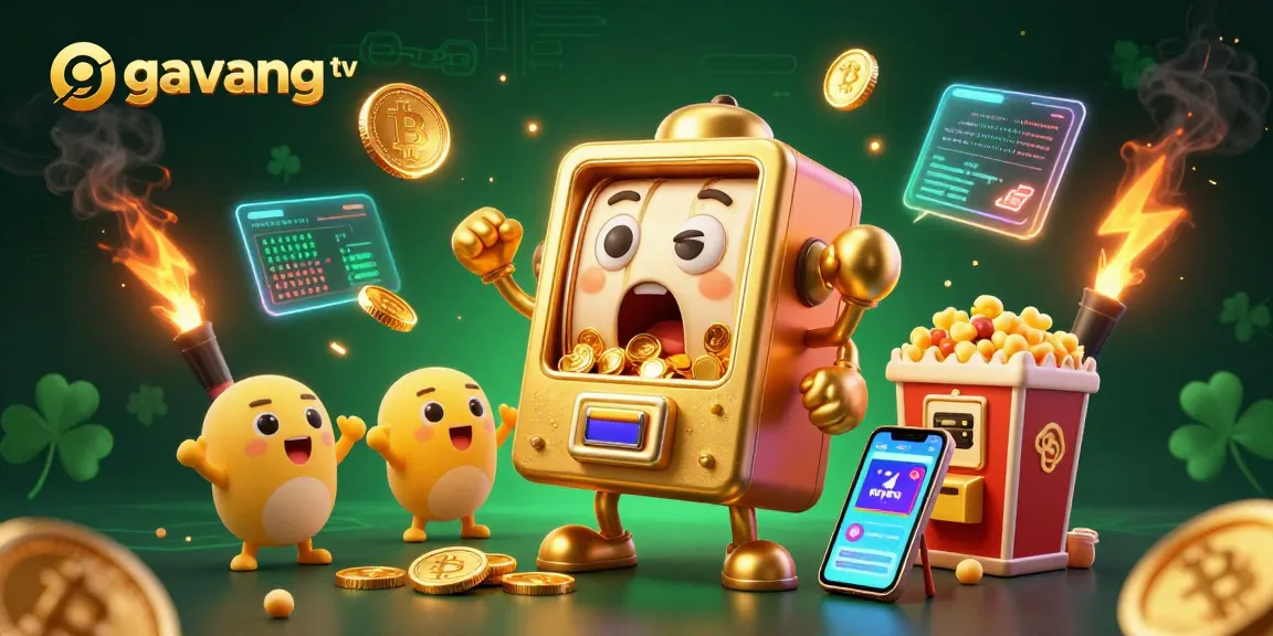 Celebrate winning moments with gavang tv's playful slot machine scene, featuring joyful golden characters.