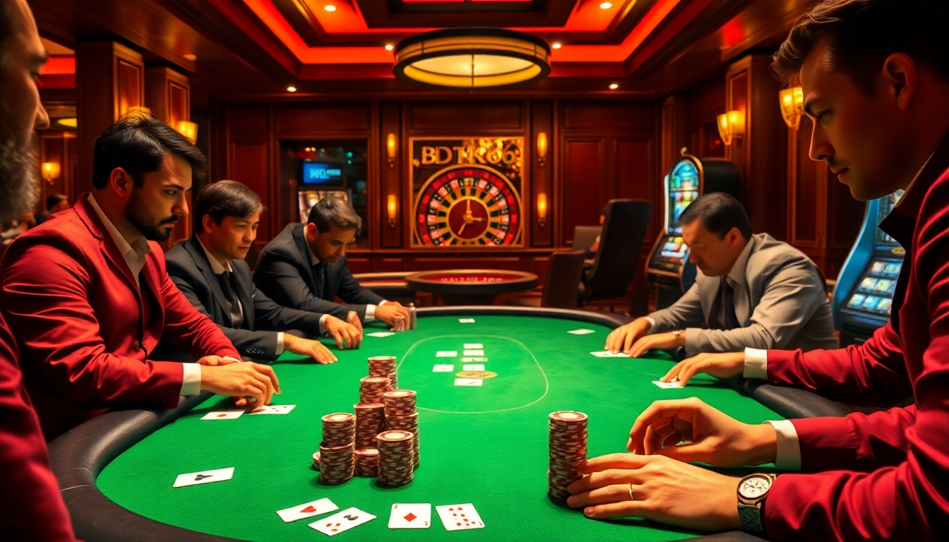 Engaging scene of a poker table with BDTK66 chips amidst focused players in a luxurious casino setting.