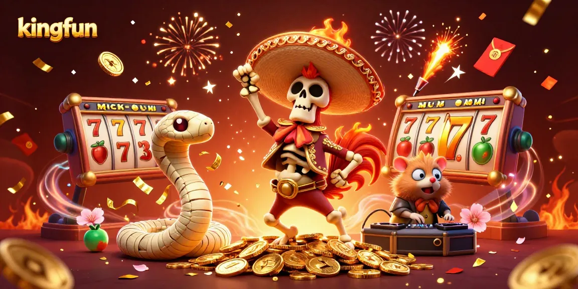 Win big at kingfun with thrilling slots and vibrant celebration elements in this dynamic illustration.