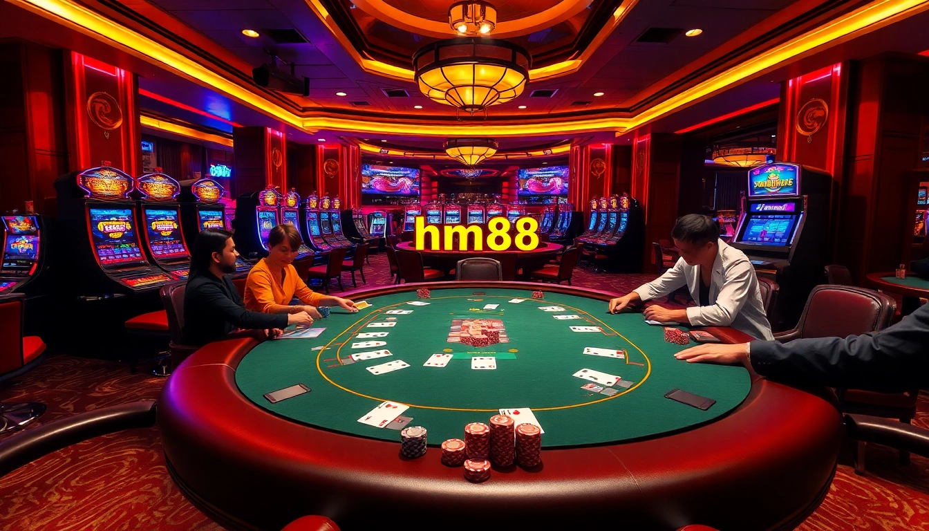 Engaged players enjoying a thrilling poker game in a luxurious casino featuring hm88 gaming elements.