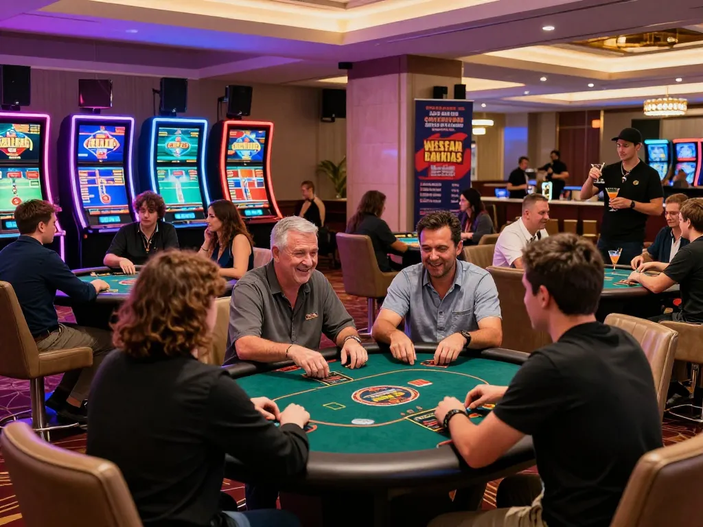 nk88 online gambling scene with excited players at vibrant casino tables, showcasing engaging gaming experience