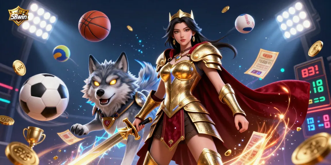 Experience thrilling action with 58win as a warrior queen dominates the casino scene surrounded by sports betting elements.
