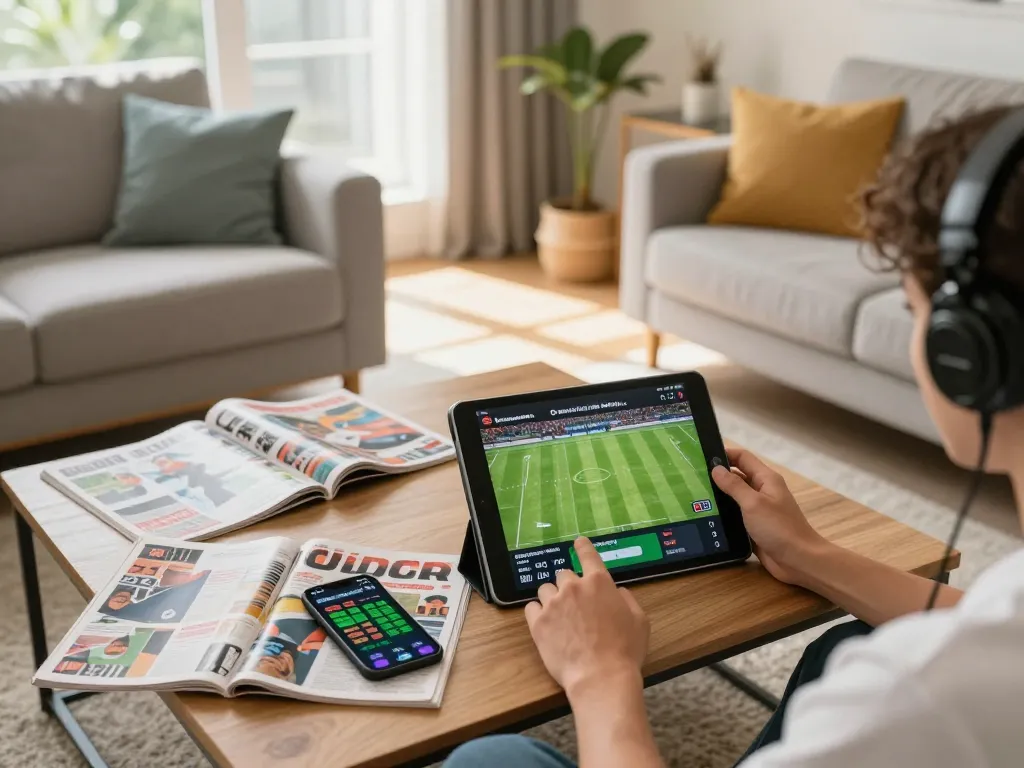 Engaging scene of online betting on trực tiếp đá bóng in a cozy living room with live match visuals.