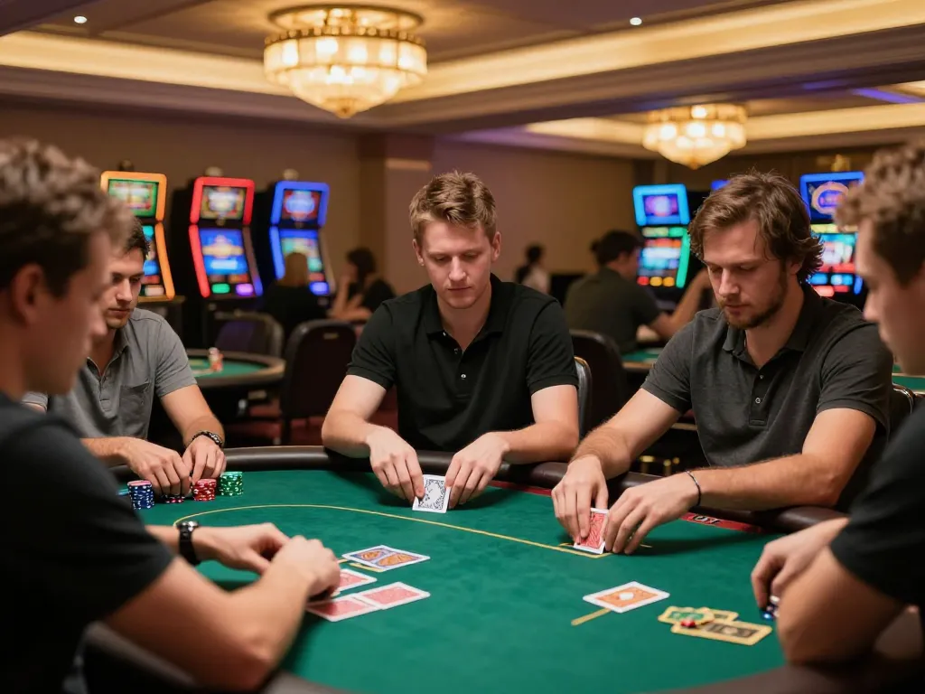 Players competing intensely in a live poker game at 79KING casino, showcasing strategic gameplay and luxury.