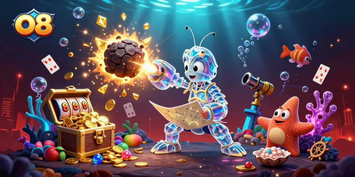 Engage with the thrilling world of o8, featuring vibrant 3D characters amidst golden treasures and slot reels.