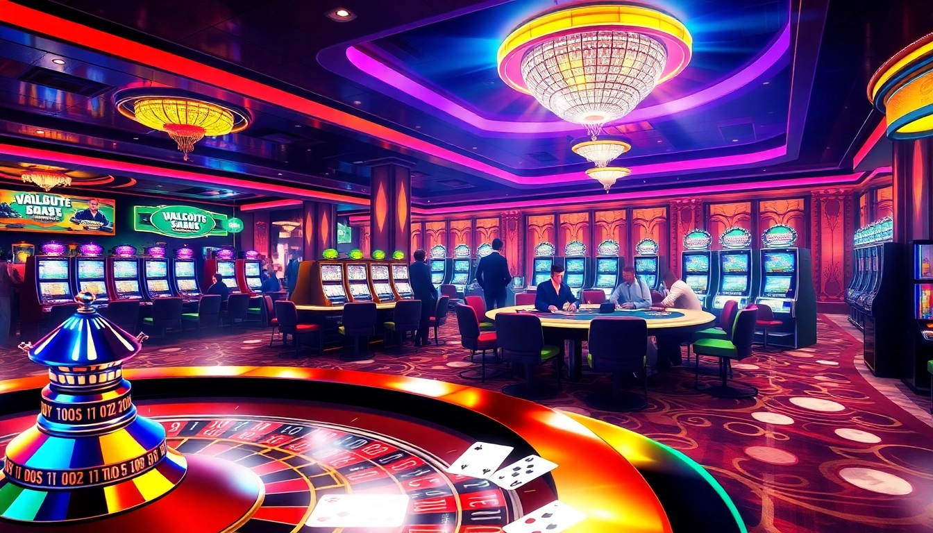 Experience the excitement of gambling at QH88's vibrant casino scene with poker tables and slot machines.