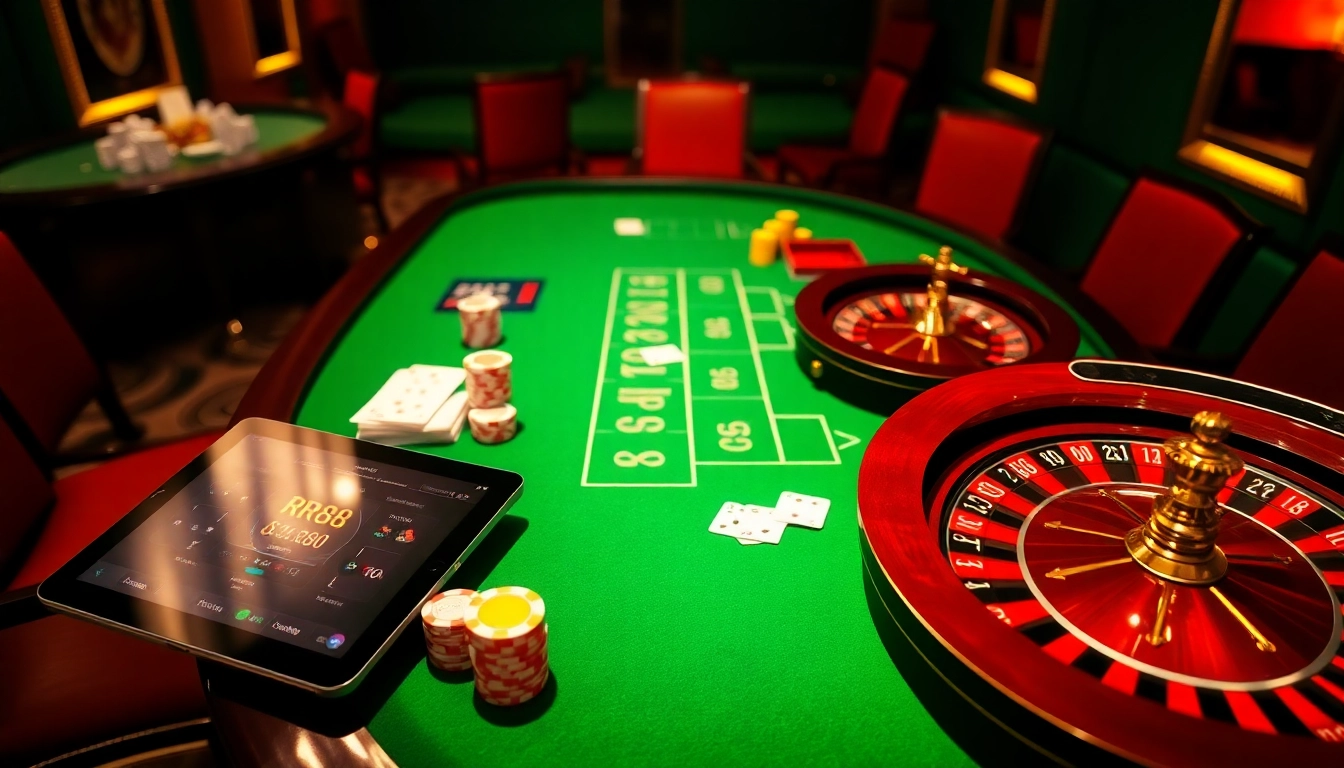 A casino scene showcasing RR88 with poker chips, a roulette wheel, and vibrant online gambling interfaces to evoke excitement.