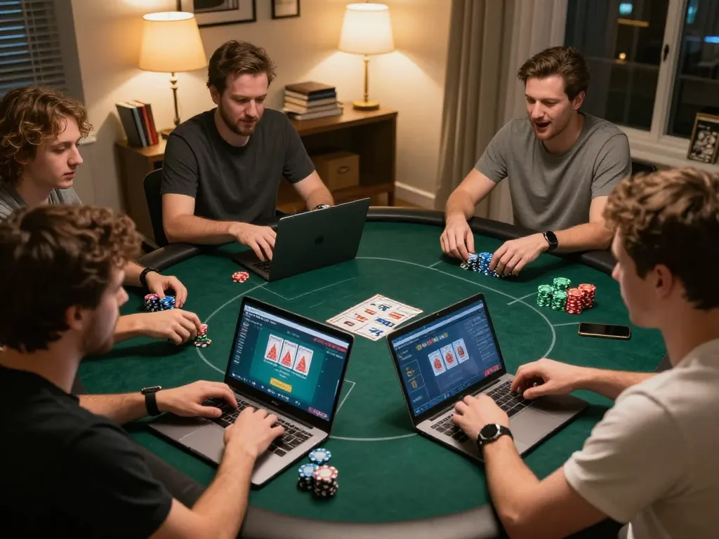 Players engage in a thrilling online poker game, showcasing strategic moments and social dynamics in a cozy home setting, sc88 featured prominently on screens.