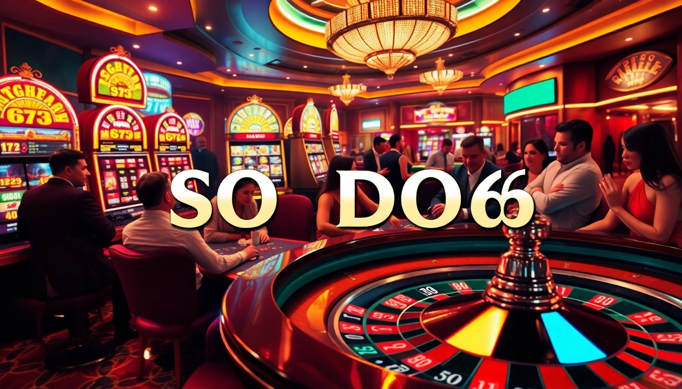 SODO66 casino scene featuring excited players at a poker table, luxurious slot machines, and a lively atmosphere.