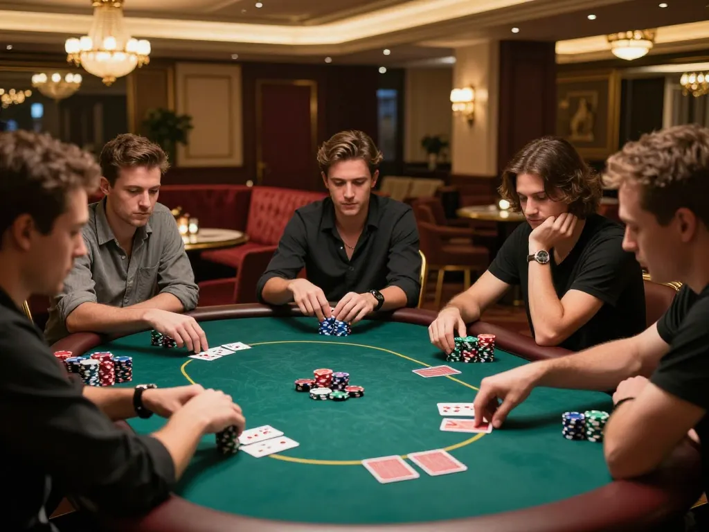 Intense moment at a luck8 poker game with players deep in strategy and colorful chips stacked high.