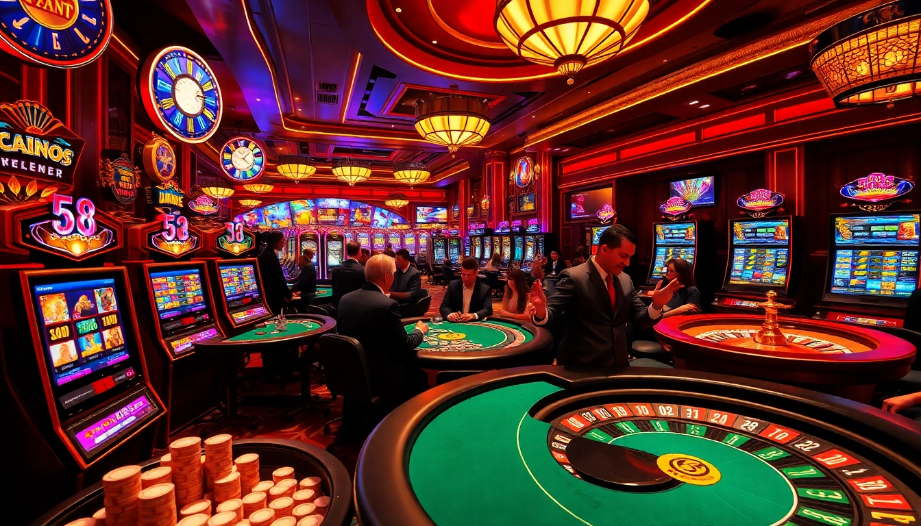 S8 gaming excitement captured with vibrant slot machines and poker action in a luxurious casino.