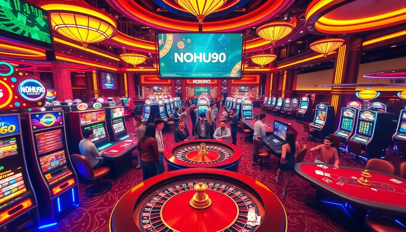 Players enjoying thrilling games at NOHU90 casino, surrounded by vibrant slot machines and roulette tables.