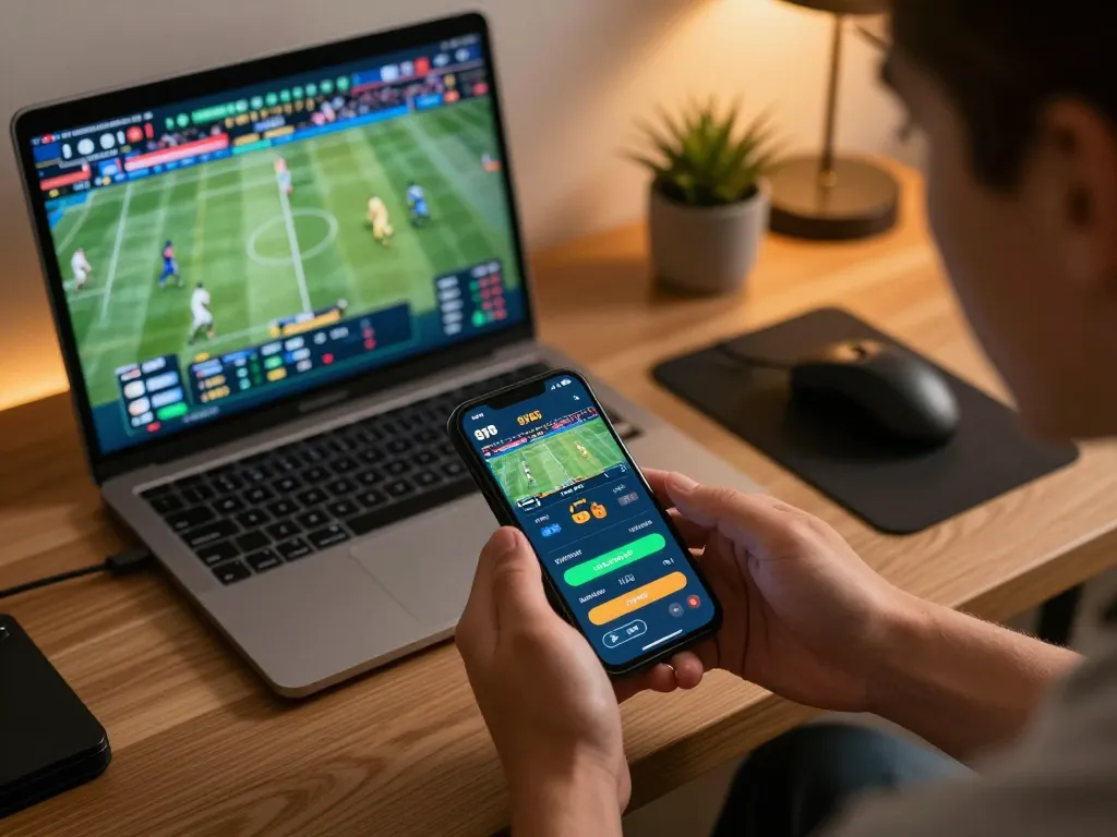 Player placing bets on sports events using the SV66 app, showcasing excitement in modern gaming setup.