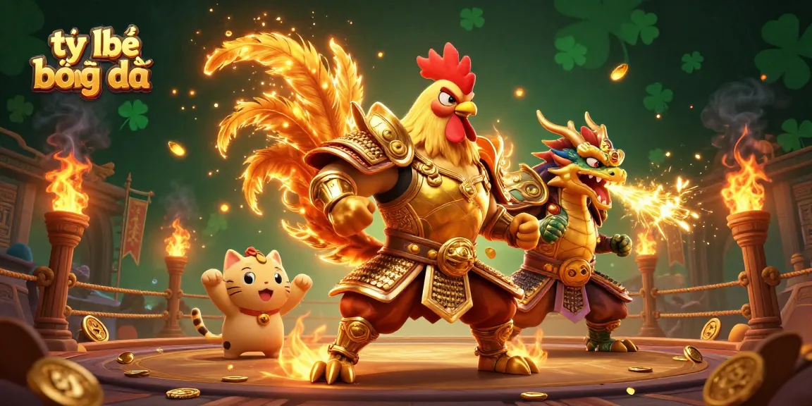 Engage with tỷ lệ bóng đá through dynamic live sports betting with a stunning visual of a golden rooster and dragon characters.