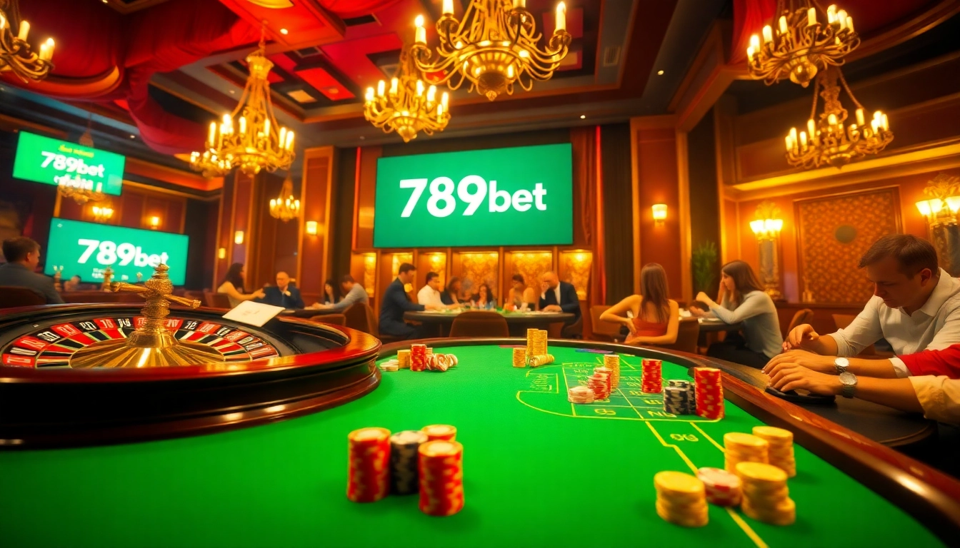Engage with the thrilling 789bet link at this lively casino environment with poker chips and a roulette wheel.