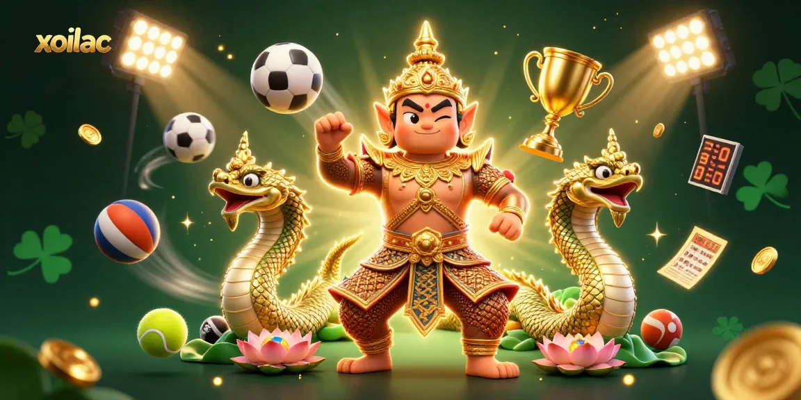 Xoilac features an engaging scene with a Thai guardian and sports elements highlighting dynamic betting action.