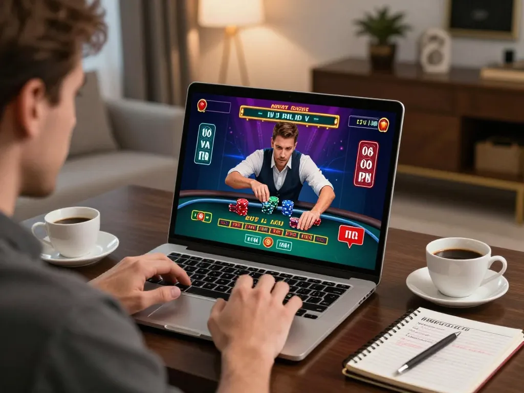 F168 player engaging in live dealer blackjack at home, showcasing responsible gaming in a stylish setup.