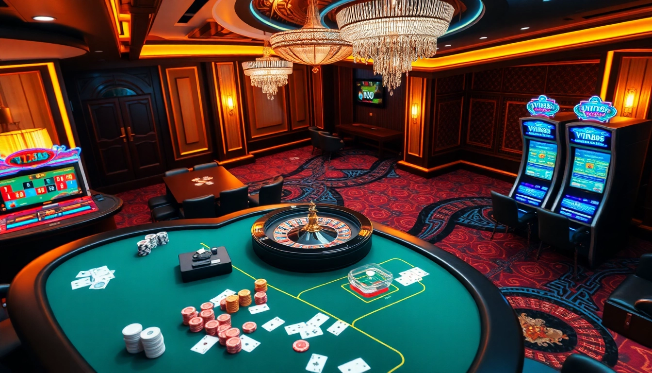 Experience thrilling gambling action with Vin88 on an elegant casino interface displaying tables and slots.