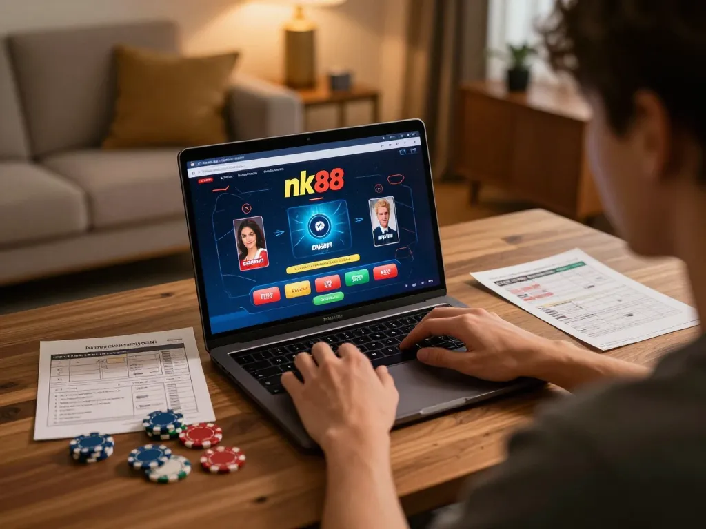 Player strategizing while using nk88 online casino interface, chips and notes at hand.