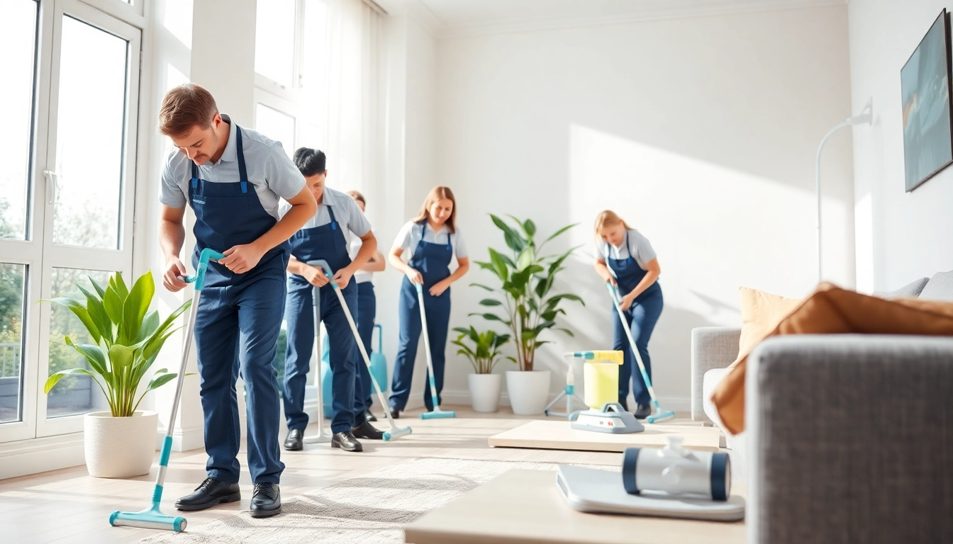 Cleaning services near me team using modern equipment to tidy a bright living room.