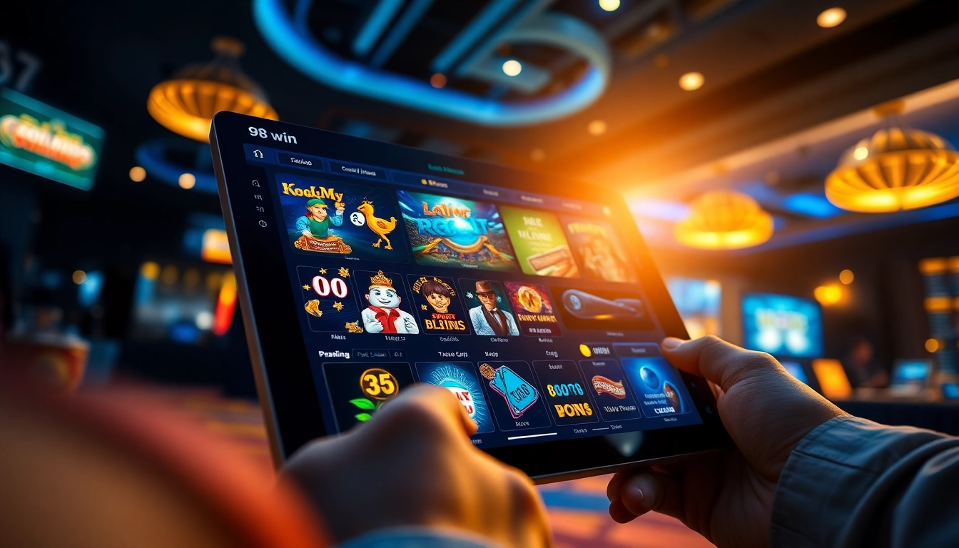 Exciting online gaming experience at 98win with vibrant interface and player celebrating victory.