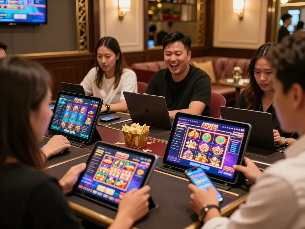 Engaging players enjoying diverse games on the Nk88 online casino app in a luxurious setting