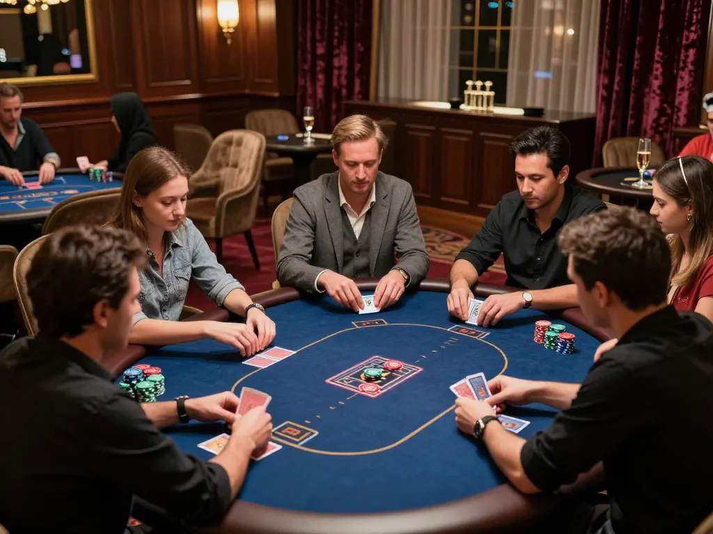 Players strategizing their bets at a luxurious poker table, showcasing the elite atmosphere of 13win.