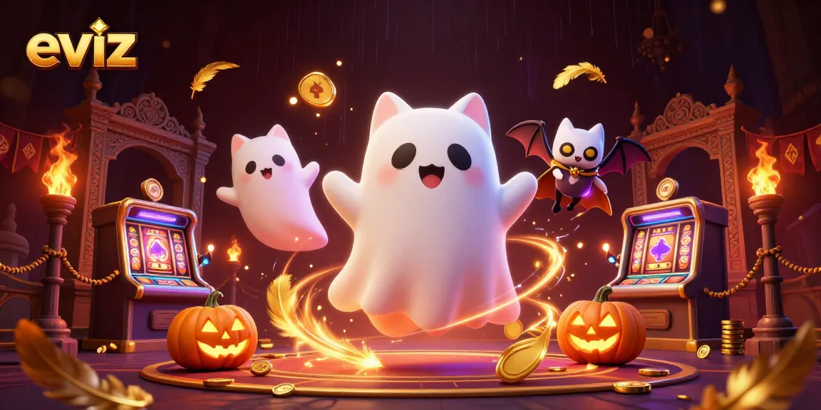 Experience thrilling slots at eviz with a ghost cat in a haunted casino scene.