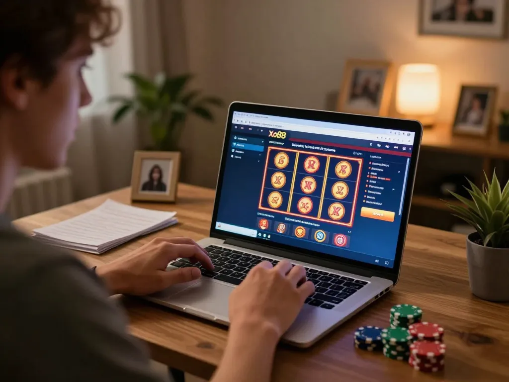 Player enjoying online Xo88 casino games at home in a cozy setting with engaging ambiance.