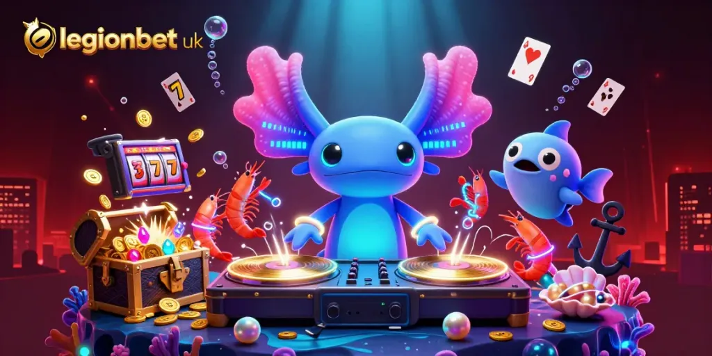 Engage with legionbet uk's vibrant casino scene featuring a neon-themed DJ, shrimp dancers, and more.