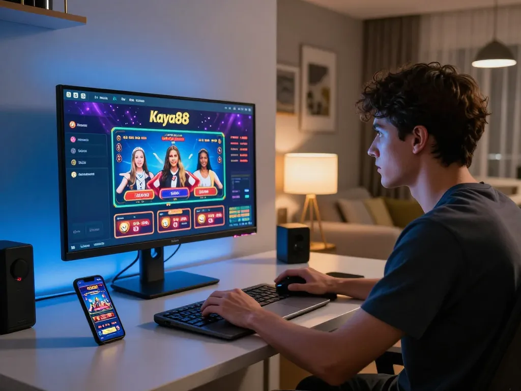 Kaya88 player navigating online casino games on a sleek setup during a cozy evening.