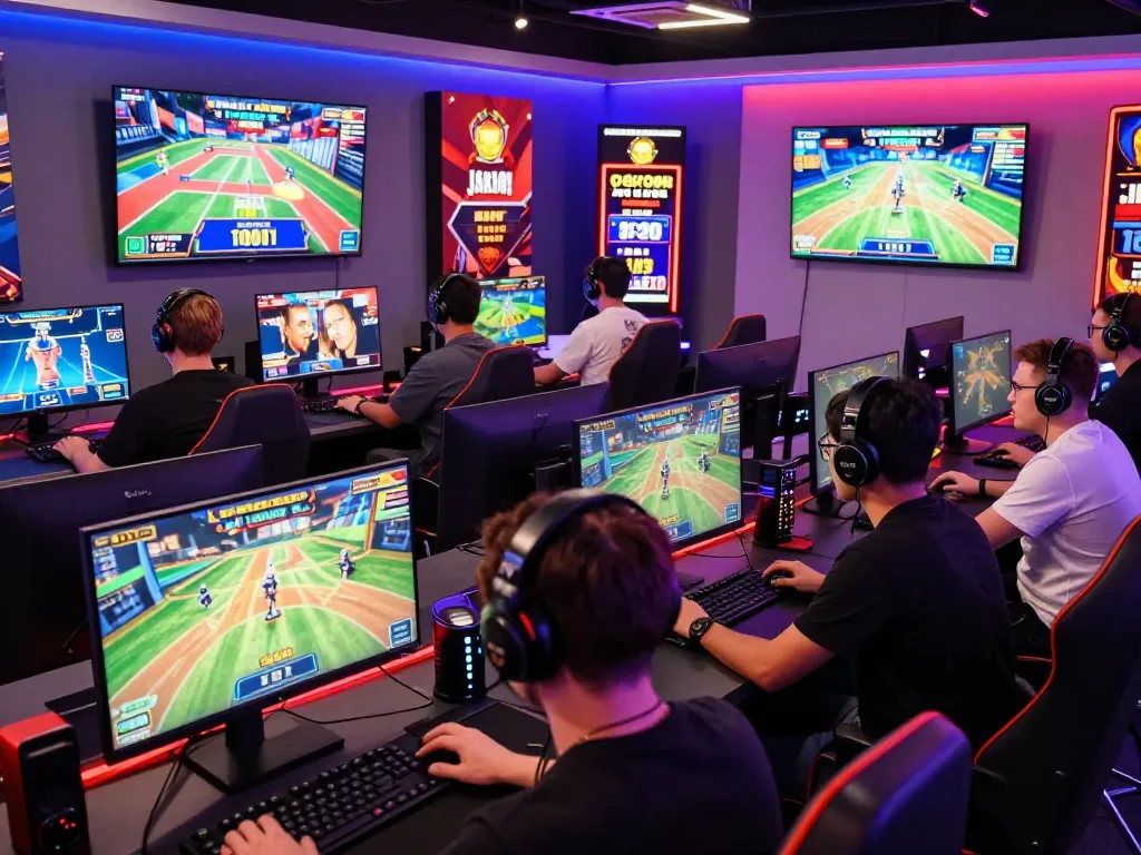 A dynamic gaming scene showcasing diverse players at hit club engaging in online games, surrounded by colorful LED lights and high-tech screens.