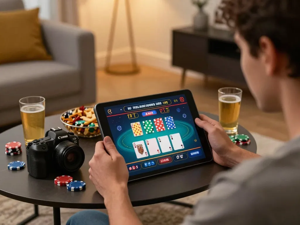 F168 gaming experience with a player enjoying live dealer games on a tablet in a cozy home.