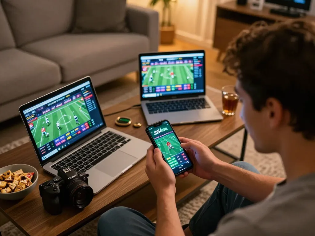 Socolive user engaged in sports betting activity using smartphone while enjoying a home setup, excitement and responsible gaming.