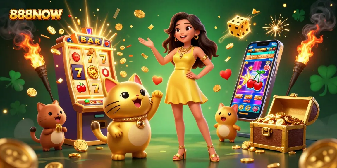 Experience excitement at 888NOW with vibrant casino games and rich jackpots illustrated.