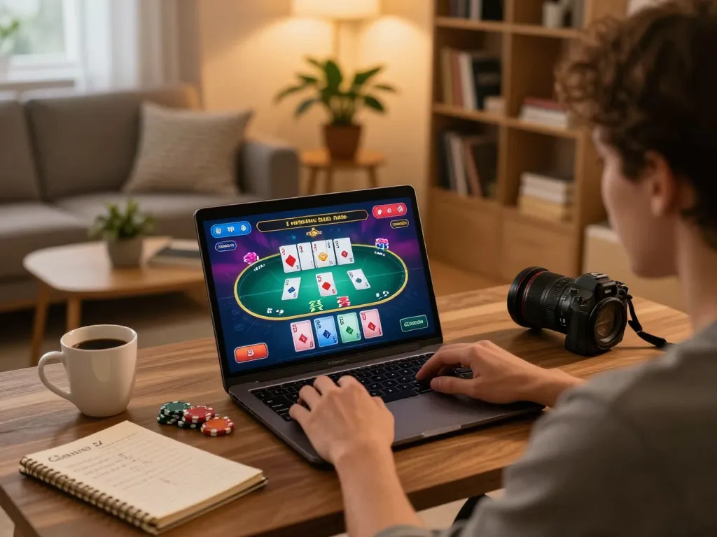 TA88 player strategizing bets on an online poker game in a cozy home setting.