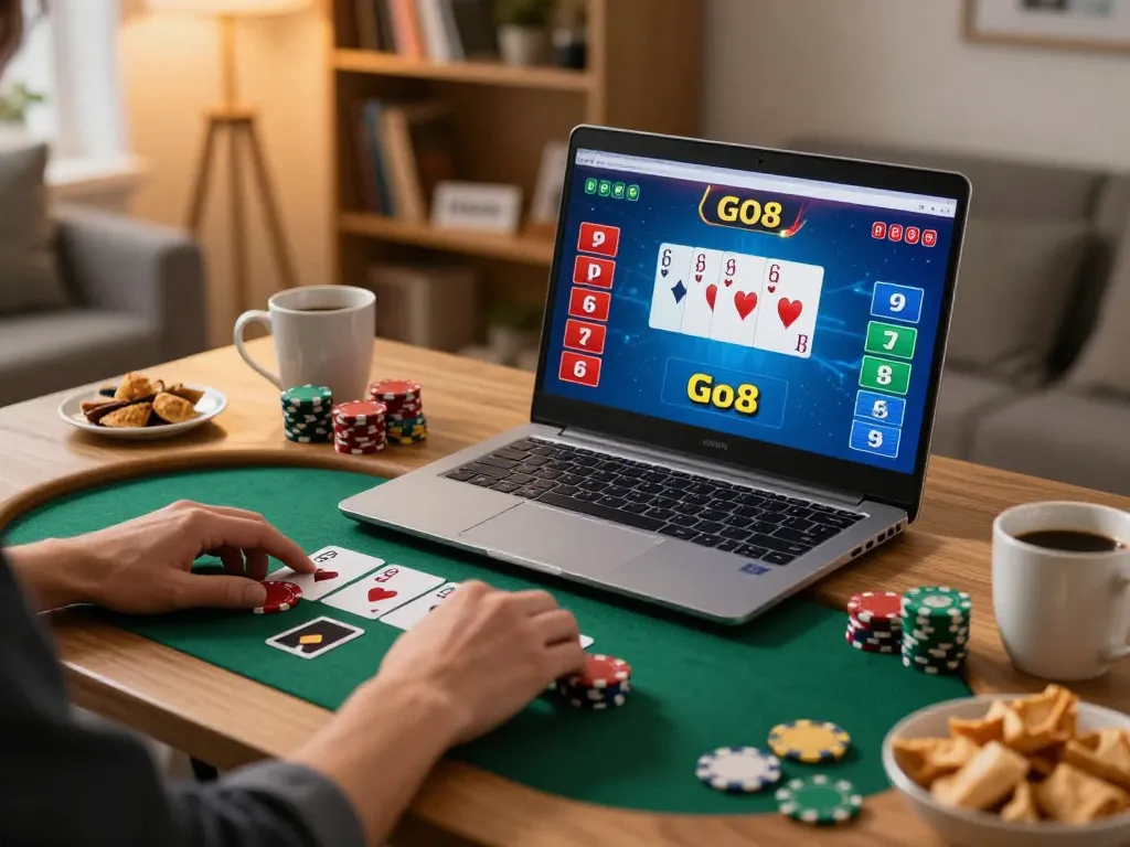 Person enjoying a Go8 online poker game, immersed in strategy and excitement from home