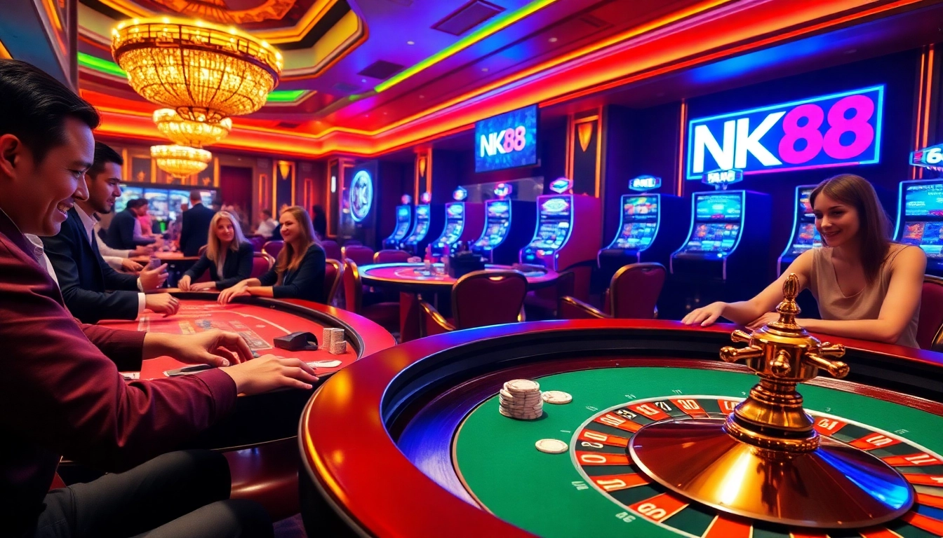 Players enjoy thrilling games at NK88 casino, showcasing vibrant atmosphere and excitement.