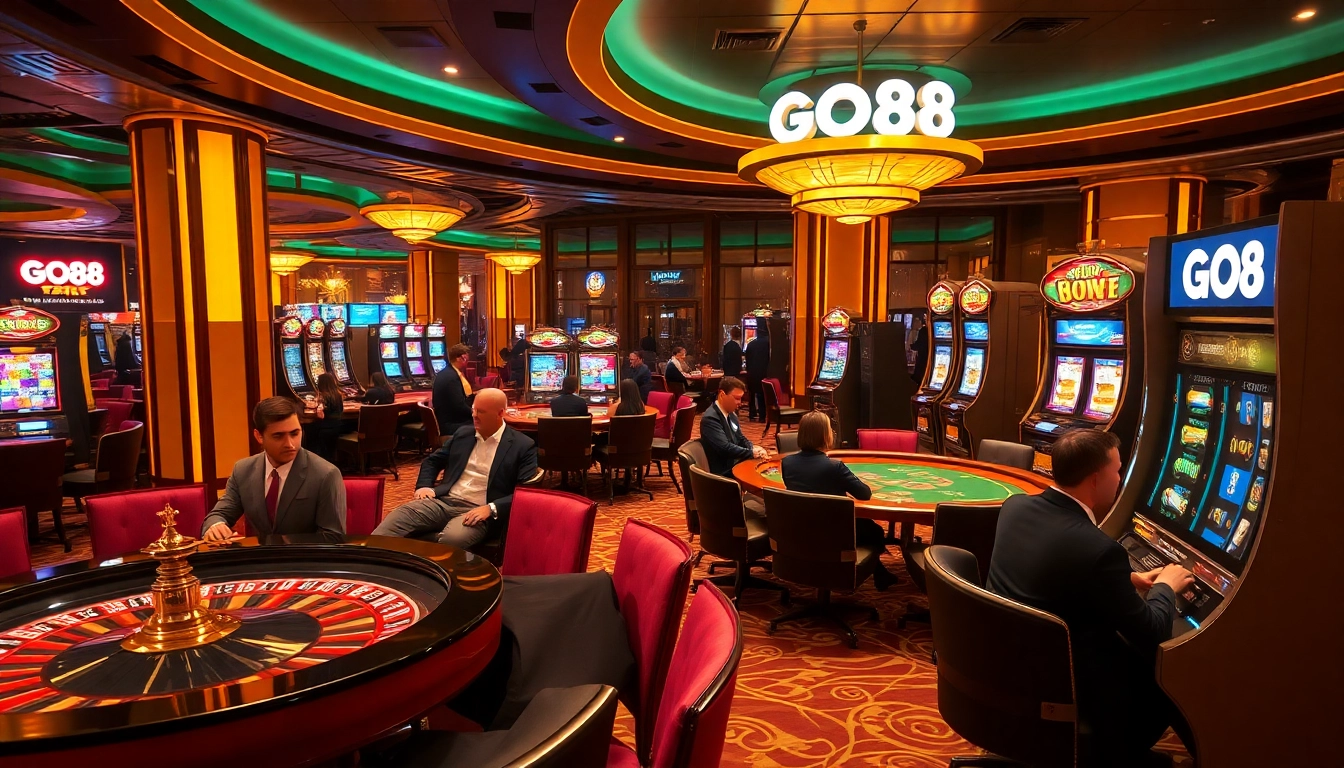 Players engaging at GO88 branded tables in an upscale casino, enjoying the thrill of gaming.
