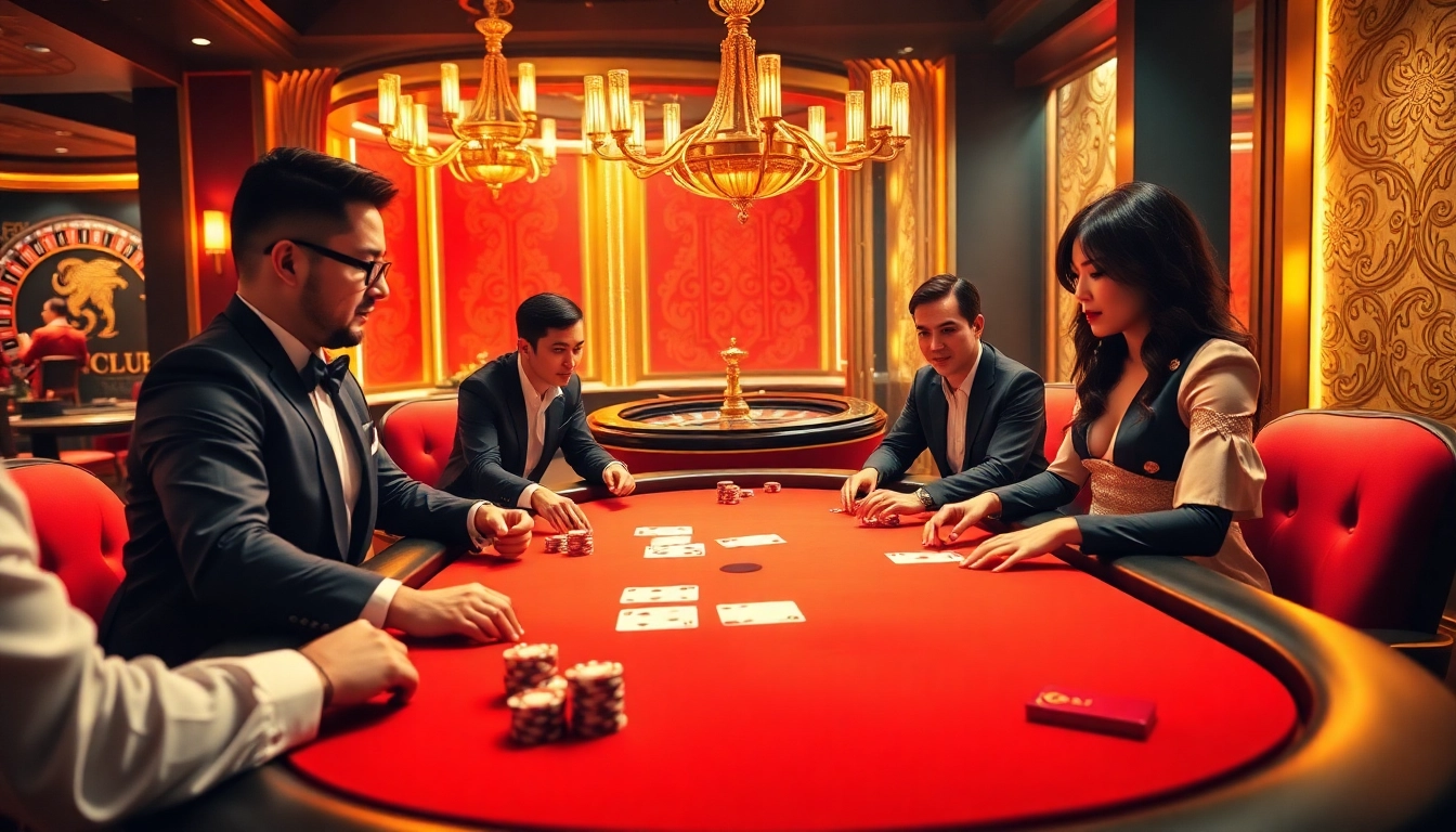 Cổng game HITCLUB showcasing an exciting high-stakes poker game with glamorous players and vibrant casino elements.