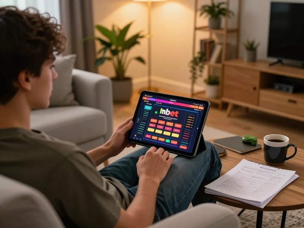 Engaged player enjoying hbet online casino on tablet, cozy home environment