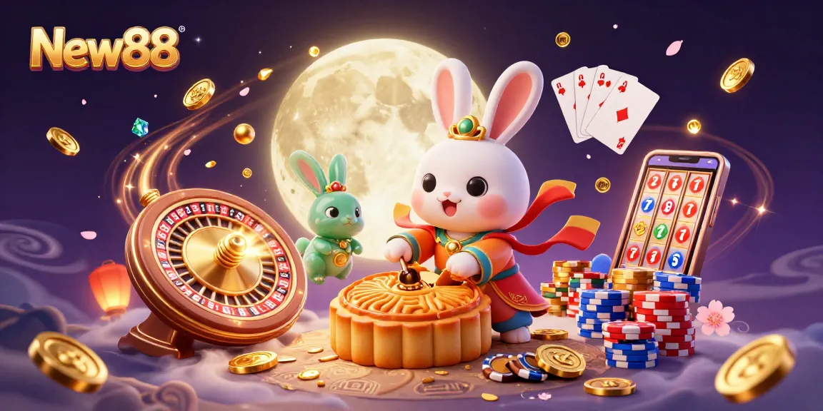 Spin and win at New88 with vibrant casino elements and enchanting characters in a magical setting.