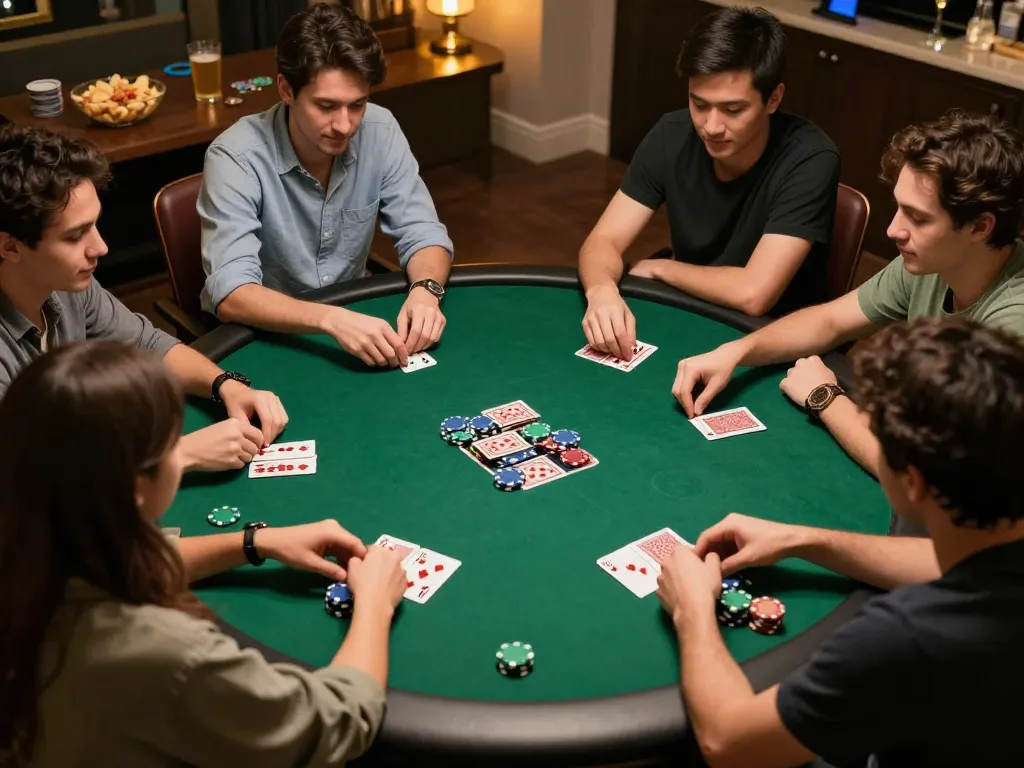 Friends enjoying an exciting poker game night at home, capturing their strategy and camaraderie at the LLWIN table.