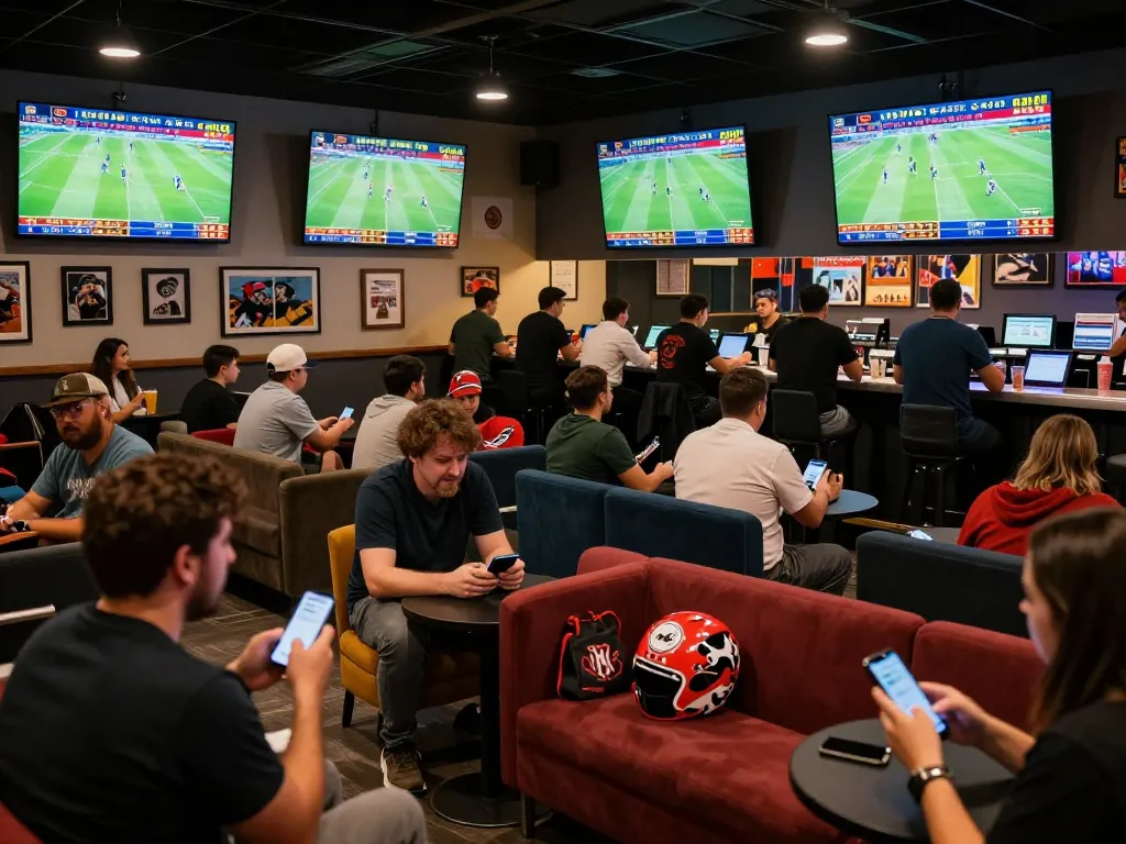 Fans engaging in sports betting while discussing tỷ lệ cá cược in a lively lounge setting.