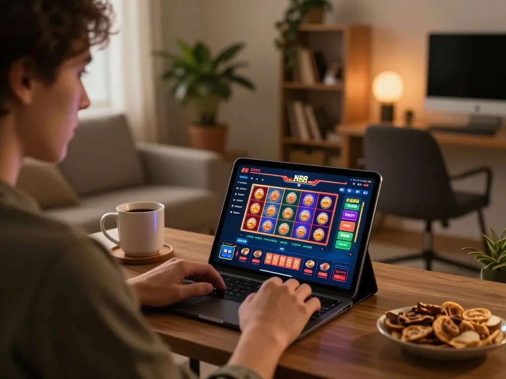 Engaging NK88 slot game experience on a cozy home gaming setup.