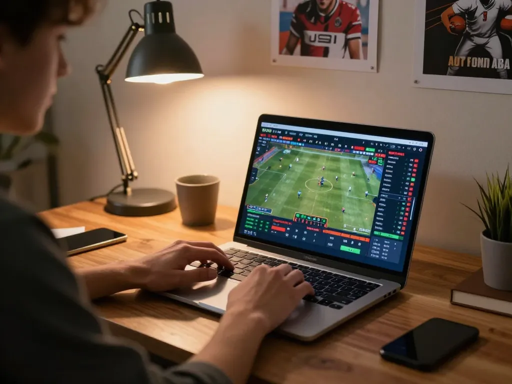 C168 engaging user placing bets online in stylish home office during live sports events