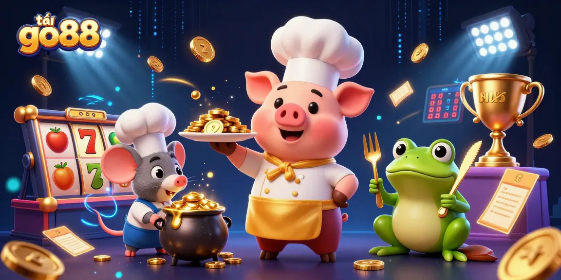 Play and win using tải go88 as the 3D chef pig serves gold coins in this vibrant casino illustration.