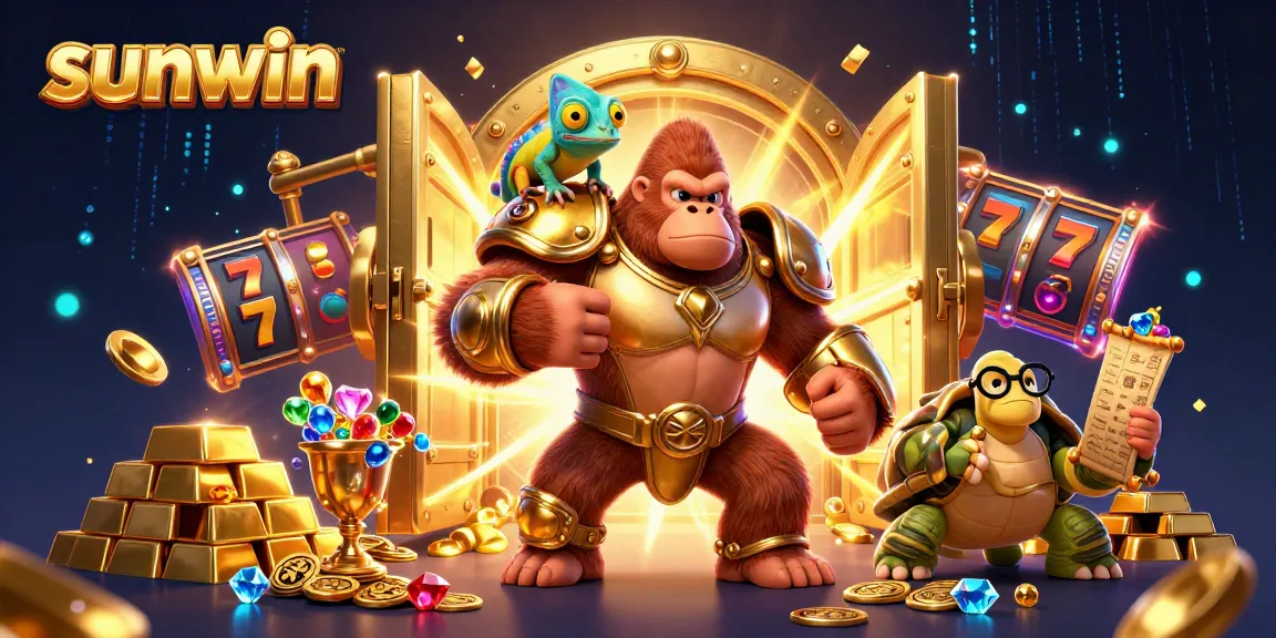 Experience vibrant casino action with sunwin, featuring a gorilla king and chameleon in a rich 3D illustration.