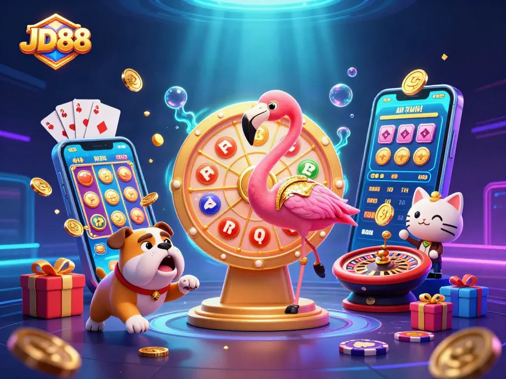 JD88 offers thrilling winning moments with a game show flamingo and roaring bulldog in a vibrant casino world.